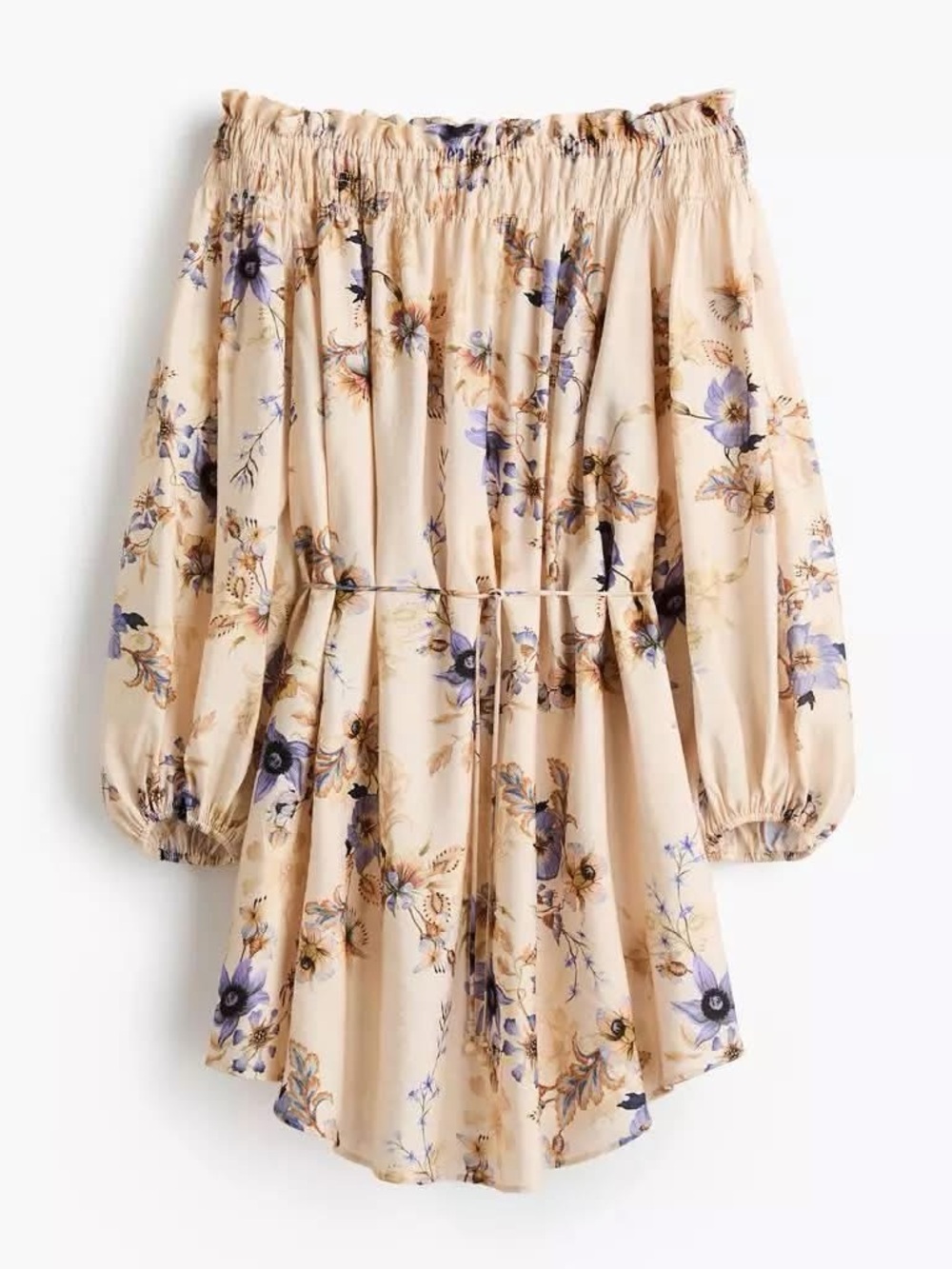 H&M Cream Off-Shoulder Floral Midi Dress with Purple Accents